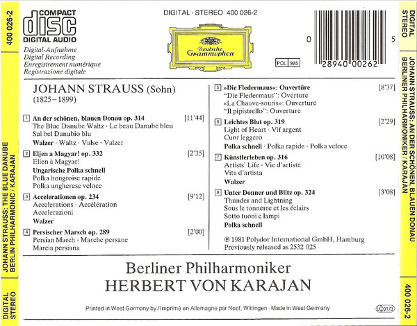 Johann Strauss Jr. : Berliner Philharmoniker / Herbert von Karajan - An Der Schönen Blauen Donau | Deutsche Grammophon (400 026-2) - 2