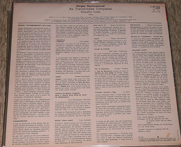 Sergei Vasilyevich Rachmaninoff , Sequeira Costa - The Complete Transcriptions - Piano | EMI (11C 081 - 40606) - 2