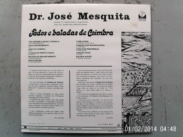 José Mesquita - Fados E Baladas De Coimbra Por Antigos Estudantes | Roda (SSRL 9000) - 2