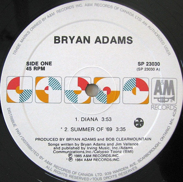 Bryan Adams - Diana / Summer Of 69' / The Bryan Adamix | A&M Records (SP 23030) - 3