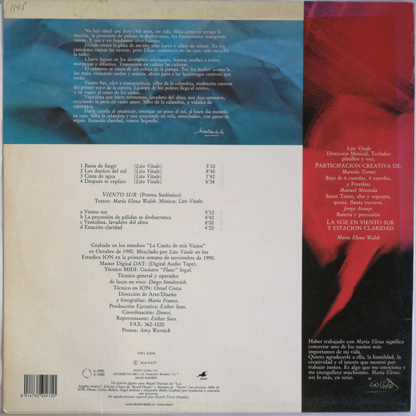 Lito Vitale Cuarteto - Viento Sur | Gasa (4GA-0415) - 2