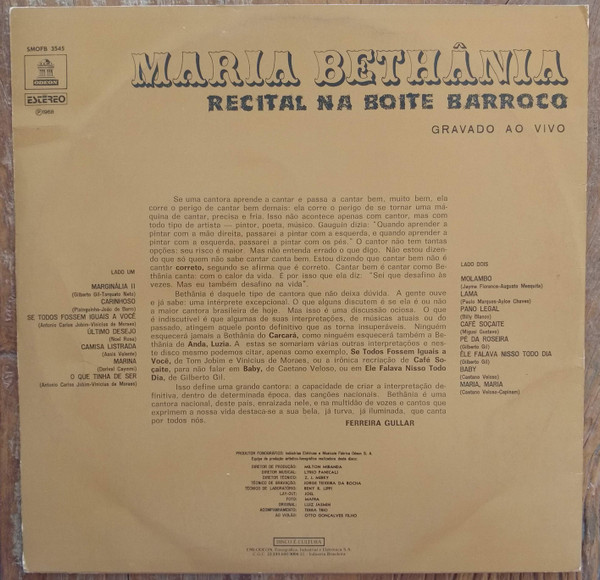 Maria Bethânia - Recital Na Boite Barroco | Odeon (SMOFB 3545) - 2