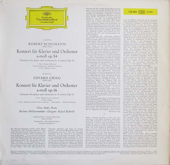 Robert Schumann ∙ Edvard Grieg , Géza Anda ∙ Rafael Kubelik , Berliner Philharmoniker - Klavierkonzerte In A-moll · Piano Concertos In A Minor | Deutsche Grammophon (138 888 SLPM) - 2