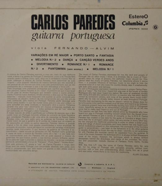 Carlos Paredes - Guitarra Portuguesa | Columbia (1PSPMX 5002) - 2