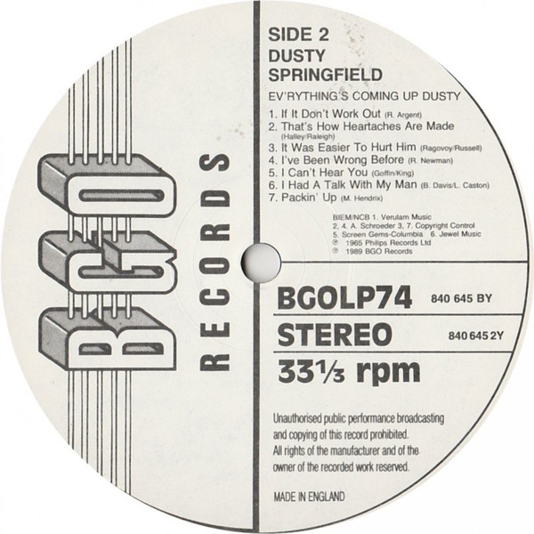 Dusty Springfield - Ev'rything's Coming Up Dusty | BGO Records (BGOLP 74) - 4 Dusty Springfield - Ev'rything's Coming Up Dusty | BGO Records (BGOLP 74) - 4