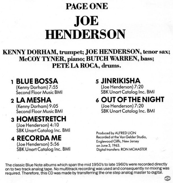 Joe Henderson - Page One | Blue Note (CDP 7 84140 2) - 4