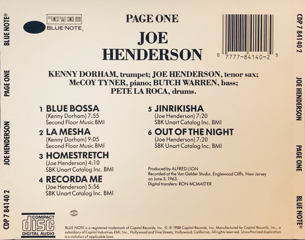 Joe Henderson - Page One | Blue Note (CDP 7 84140 2) - 2