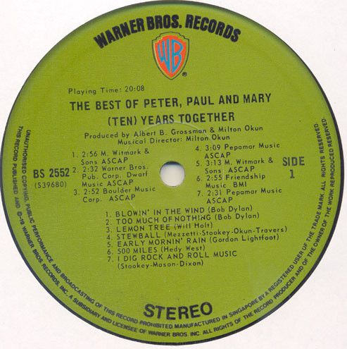 Peter, Paul & Mary - The Best Of Peter, Paul And Mary (Ten) Years Together | Warner Bros. Records (BS 2552) - 2