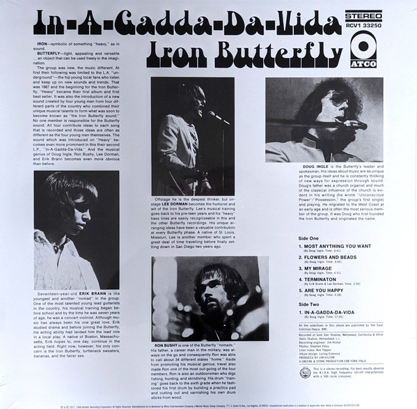 Iron Butterfly - In-A-Gadda-Da-Vida (Limited Edition - Crystal Clear Diamond Vinyl) [Vinyl] | ATCO Records (RCV1 33250) - 2