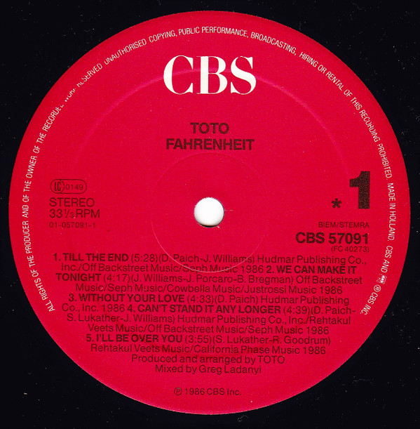 Toto - Fahrenheit | CBS (CBS 57091) - 3