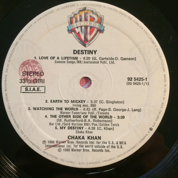 Chaka Khan - Destiny | Warner Bros. Records (92 5425-1) - main