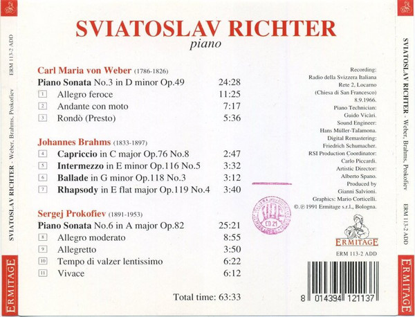 Sviatoslav Richter , Carl Maria von Weber - Johannes Brahms - Sergei Prokofiev - Weber - Brahms - Prokofiev | Ermitage (ERM 113-2 ADD) - 2 Sviatoslav Richter , Carl Maria von Weber - Johannes Brahms - Sergei Prokofiev - Weber - Brahms - Prokofiev | Ermitage (ERM 113-2 ADD) - 2
