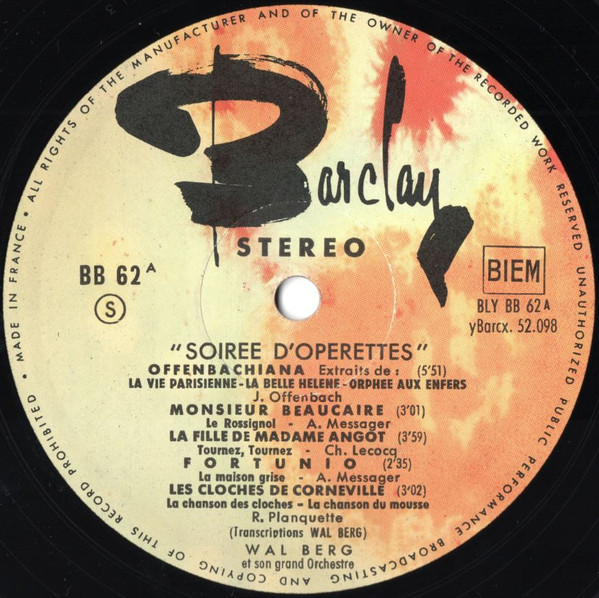 Wal-Berg Orchestra - Soirée D' Opérettes | Barclay (BB 62) - 3