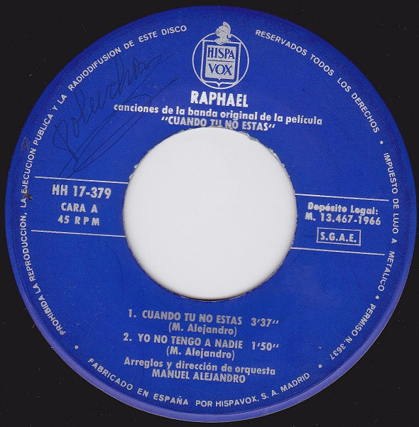 Raphael - Cuando Tú No Estás | Hispavox (HH 17-379) - 3