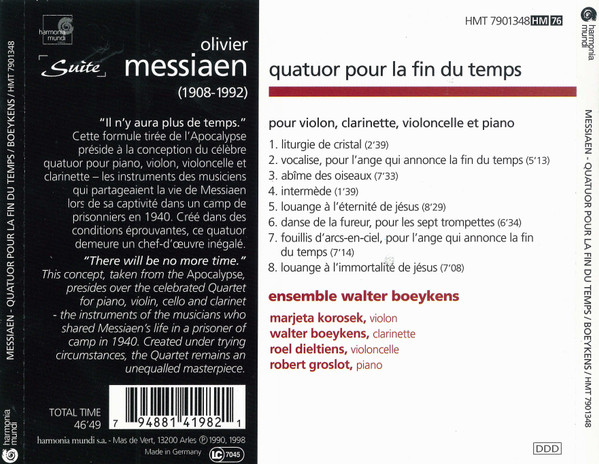 Olivier Messiaen - Ensemble Walter Boeykens - Quatuor Pour La Fin Du Temps | Harmonia Mundi France (HMT 7901348) - 2