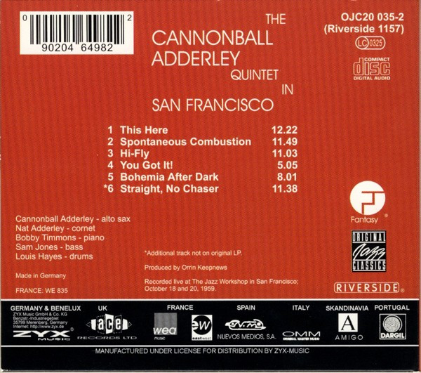 The Cannonball Adderley Quintet - In San Francisco | Original Jazz Classics (OJC20 035-2) - 2