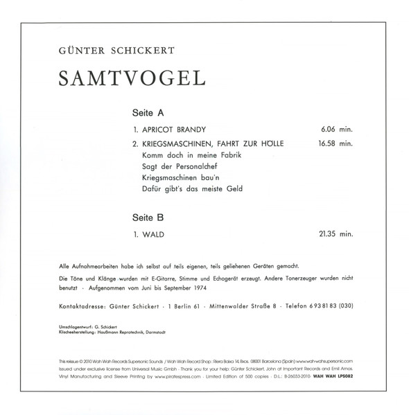 Günter Schickert - Samtvogel | Wah Wah Records (LPS082) - 2