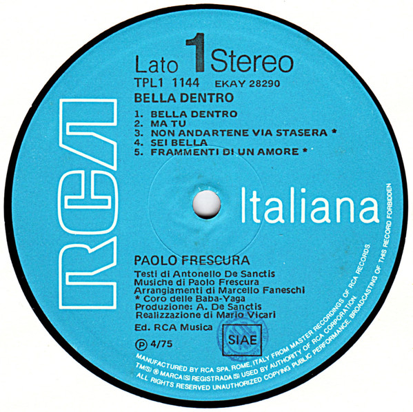 Paolo Frescura - Bella Dentro | RCA (TPL1-1144) - 3 Paolo Frescura - Bella Dentro | RCA (TPL1-1144) - 3