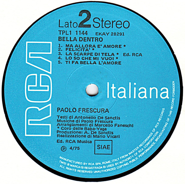Paolo Frescura - Bella Dentro | RCA (TPL1-1144) - 4 Paolo Frescura - Bella Dentro | RCA (TPL1-1144) - 4