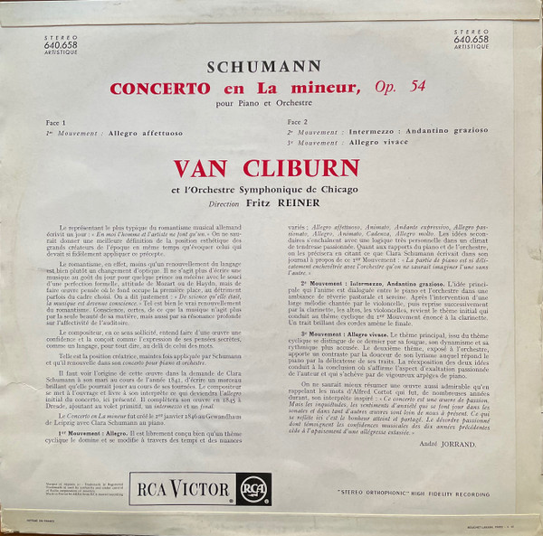 Robert Schumann - Chicago Symphony Orchestra , Direction Fritz Reiner ● Piano Van Cliburn - Concerto En La Mineur | RCA Victor (640.658) - 2