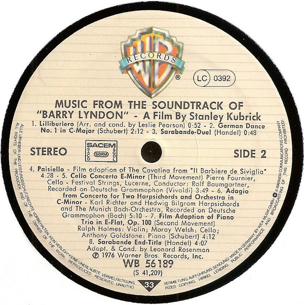 Various - Barry Lyndon (Music From The Soundtrack) | Warner Bros. Records (WB 56 189) - 2