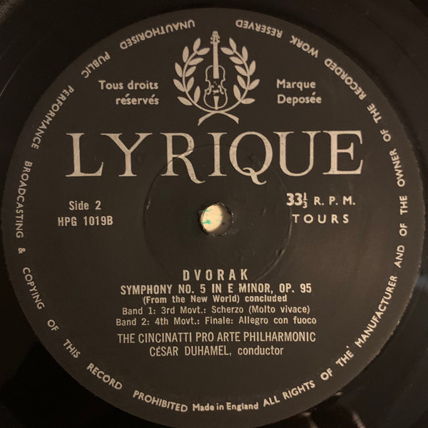 Antonín Dvořák , The Cincinatti Pro Arte Philharmonic , César Duhamel - Symphony No.5 In E Minor, Op. 95 (From "The New World") | Lyrique (HPG 1019) - 3