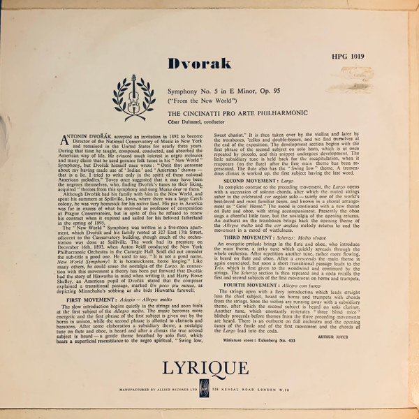 Antonín Dvořák , The Cincinatti Pro Arte Philharmonic , César Duhamel - Symphony No.5 In E Minor, Op. 95 (From "The New World") | Lyrique (HPG 1019) - 2