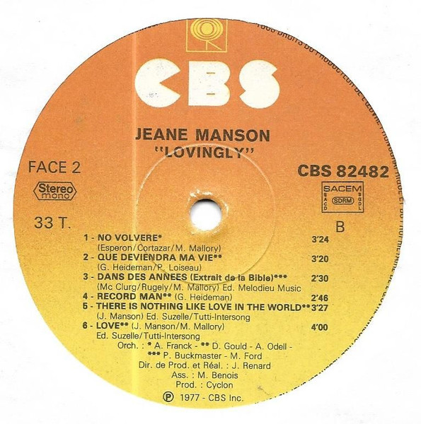 Jeane Manson - Lovingly | CBS (CBS 82482) - 4
