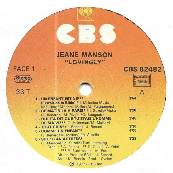 Jeane Manson - Lovingly | CBS (CBS 82482) - 3