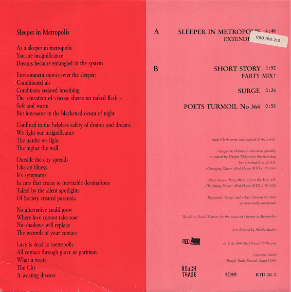 Anne Clark - Sleeper In Metropolis (Extended Remix) | Rough Trade (RTD 016 T) - 2