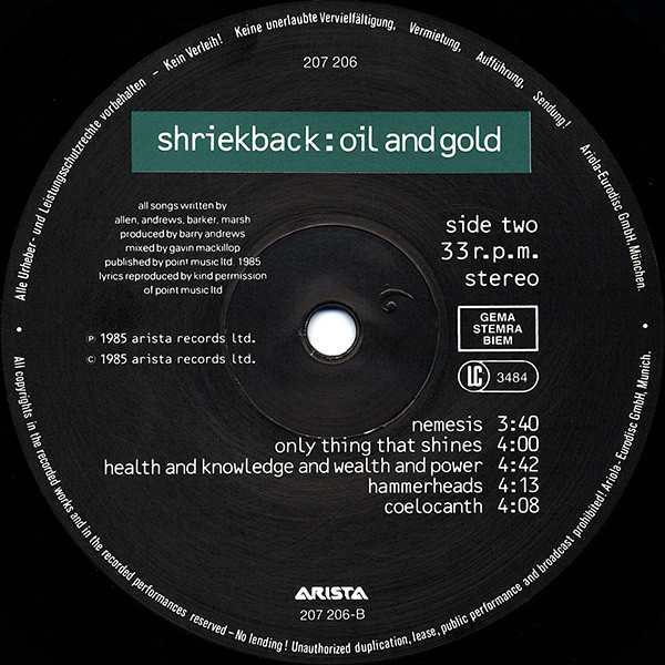 Shriekback - Oil And Gold | Arista (207 206) - 4