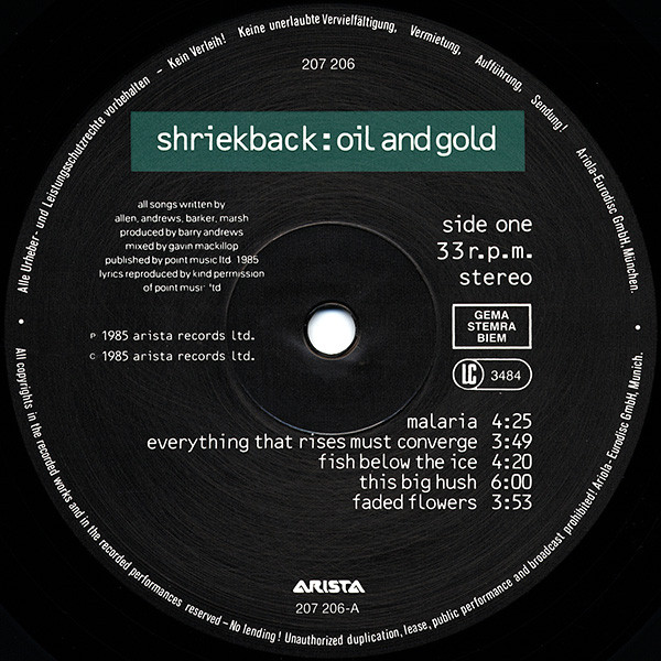 Shriekback - Oil And Gold | Arista (207 206) - 3