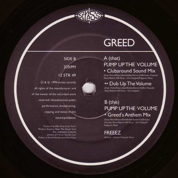 Greed Featuring Ricardo Da Force - Pump Up The Volume | Stress Records (12 STR 49) - 2