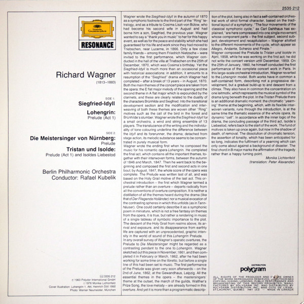 Richard Wagner / Berliner Philharmoniker , Rafael Kubelik - Preludes: Lohengrin / Meistersinger / Tristan Und Isolde / Siegfried-Idyll / Liebestod [Vinyl] | Deutsche Grammophon (2535 212) - 2