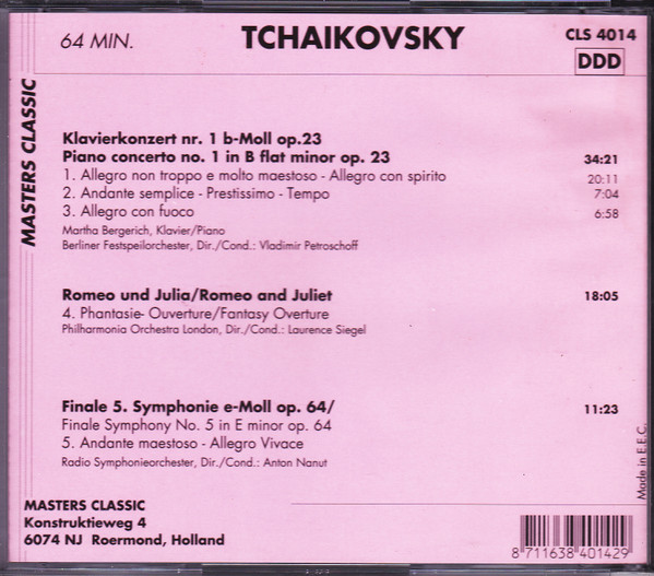 Pyotr Ilyich Tchaikovsky , Martha Bergerich , Berliner Festspielorchester Dir./Cond.: Vladimir Petroschoff - Klavierkonzert Nr. 1 = Piano Concerto No. 1 / Romeo Und Julia = Romeo And Juliet / Finale 5. Symphonie = Finale Symphony No. 5 | Masters Classic (CLS 4014) - 3