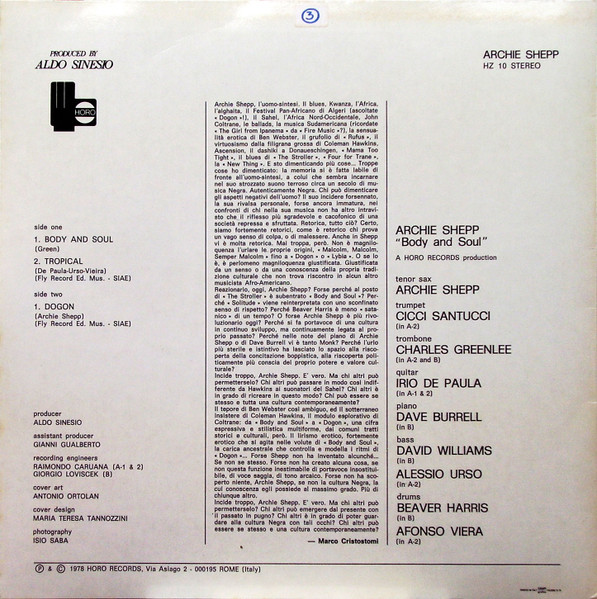 Archie Shepp - Body And Soul | Horo Records (HZ 10) - 2