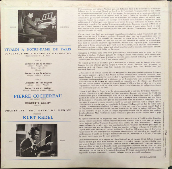 Antonio Vivaldi – Orchestre Pro Arte De Munich , Kurt Redel , Pierre Cochereau - Vivaldi A Notre-Dame De Paris (Quatre Concertos Pour Orgue Et Orchestre) | Philips (835.731 LY) - 2