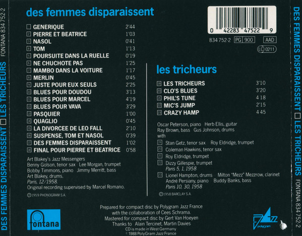 Art Blakey & The Jazz Messengers / Stan Getz - Roy Eldridge - Coleman Hawkins - Dizzy Gillespie - Des Femmes Disparaissent / Les Tricheurs (Original Soundtracks) | Fontana (834 752-2) - 2