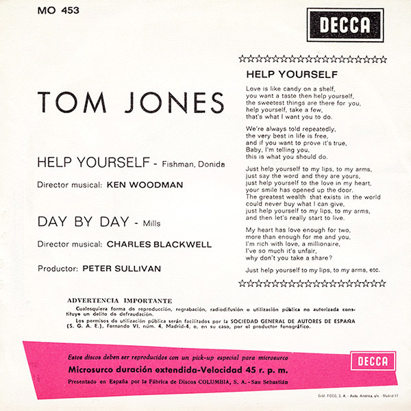 Tom Jones - Help Yourself / Day By Day | Decca (MO 453) - 2