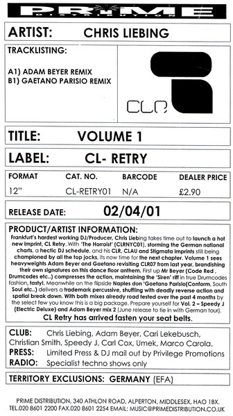 Chris Liebing - Volume 1 | CLRetry (CL-RETRY01) - main
