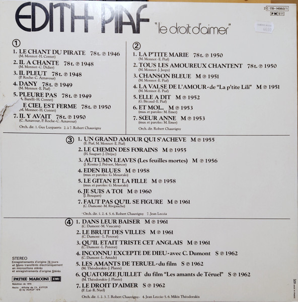 Edith Piaf - Le Droit D'Aimer | Columbia (2C 178-14960/1) - 2