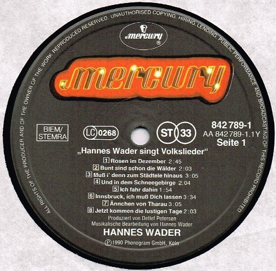 Hannes Wader - Hannes Wader Singt Volkslieder | Mercury (842 789-1) - 3