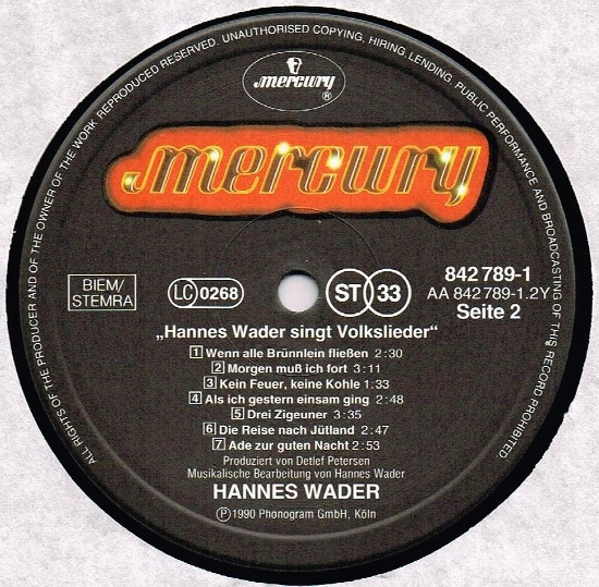 Hannes Wader - Hannes Wader Singt Volkslieder | Mercury (842 789-1) - 4
