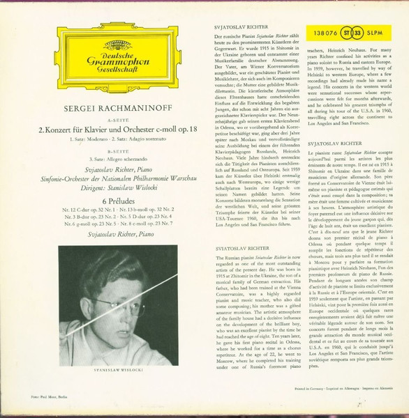 Sviatoslav Richter : Sergei Vasilyevich Rachmaninoff - Klavierkonzert Nr. 2 In C-moll · Piano-Concerto No. 2 In C Minor - 6 Preludes | Deutsche Grammophon (138 076 SLPM) - 2