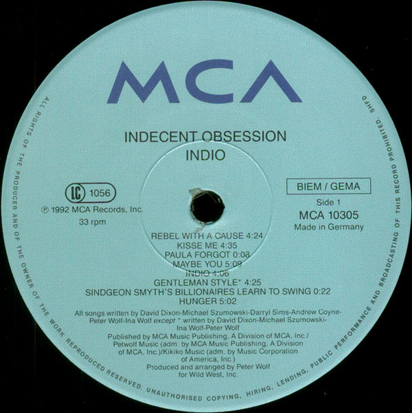 Indecent Obsession - Indio | MCA Records (MCA 10305) - 3 Indecent Obsession - Indio | MCA Records (MCA 10305) - 3