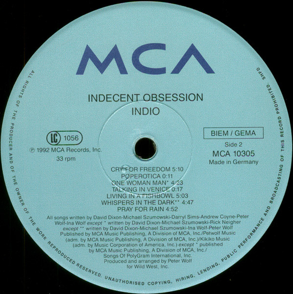 Indecent Obsession - Indio | MCA Records (MCA 10305) - 4 Indecent Obsession - Indio | MCA Records (MCA 10305) - 4