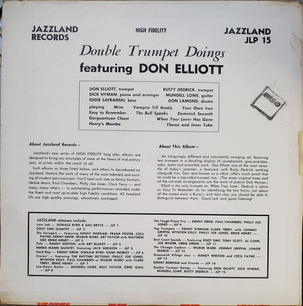 Don Elliott , Dick Hyman , Mundell Lowe , Rusty Dedrick , Eddie Safranski , Don Lamond - Double Trumpet Doings | Jazzland (JLP 15) - 2