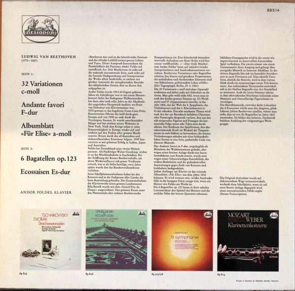 Ludwig van Beethoven - Andor Foldes - 32 Variationen C-moll • Andante Favori F-dur • Albumblat "Für Elise" A-moll • Sechs Bagatellen • Ecossaisen Es-dur | Heliodor (89 514) - 2