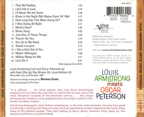 Louis Armstrong , Oscar Peterson - Louis Armstrong Meets Oscar Peterson | Verve Records (539 060-2) - 2 Louis Armstrong , Oscar Peterson - Louis Armstrong Meets Oscar Peterson | Verve Records (539 060-2) - 2