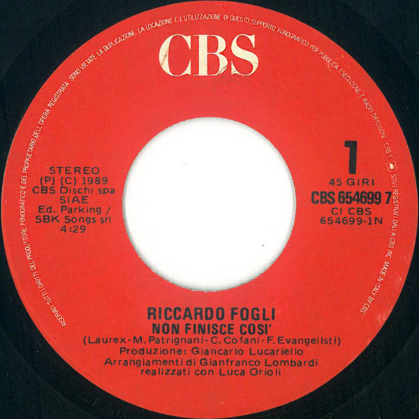 Riccardo Fogli - Non Finisce Così | CBS (CBS 654699 7) - 3